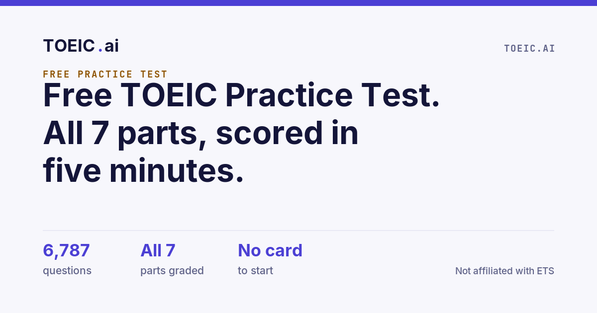 TOEIC.ai card: free TOEIC practice test, all 7 parts graded
